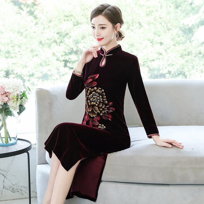 ASYH-8232# платье для мамы; Cheongsam pleuche; цвет винный, красный; платья для свадебной вечеринки; длинное платье для дочери; ; женское платье среднего возраста