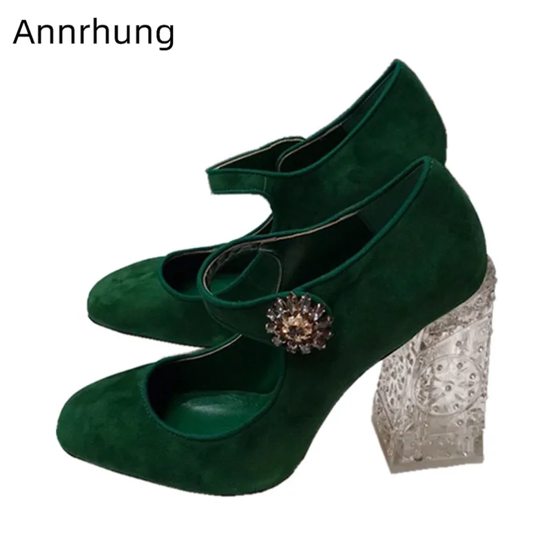 

Crystal Flower Buckle Shallow Shoes Velvet Block Heel Pumps Square Toe Clear Fretwork High Heels Wedding Shoes Zapatos De Mujer