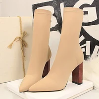 Size 42 43 Women Ankle Boots Square High Heels Pumps Fall Fashion Comfort Stretch Fabric Sock Boot Femme Party Dress Shoes - Image 4