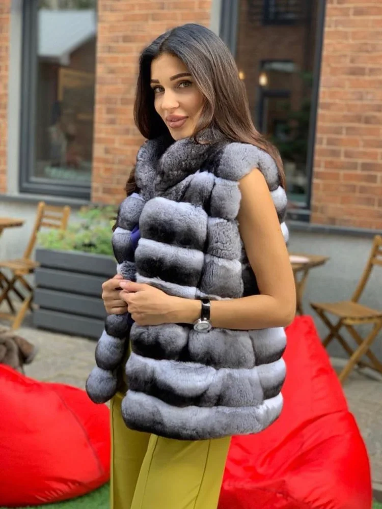 FURSARCAR 2021 New Real Fur Gilet Natural Rex Rabbit Chinchilla Color Waistcoat Fur Soft Sleeveless Fluffy Warm Short Fur Vest