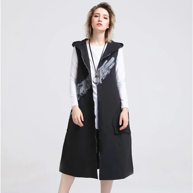 Черный Max LuLu корейские модные женские черные уличные с капюшоном женские Печатные Повседневная накидка без рукавов осенние жилеты длинное пальто - Цвет: Черный