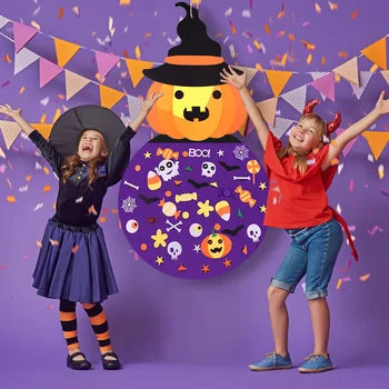 

Kids DIY Felt Pumpkin Witch Set Wall Hanging Decoration with 49pcs Detachable Ornaments for Toddler Gifts Halloween Party Supply