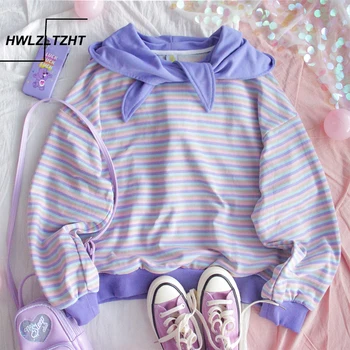 

Korean Fashion Women's Sweatshirt Stripe Hoodie Pullovers Long Sleeves Harajuku Casual Tops Kawaii O-neck Clothes For Women
