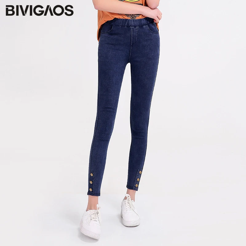 BIVIGAOS осенние новые Стиль досуга женские эластичные джинсы до середины икры на пуговицах леггинсы женские Облегающие лосины большие размеры узкие брюки повседневная одежда