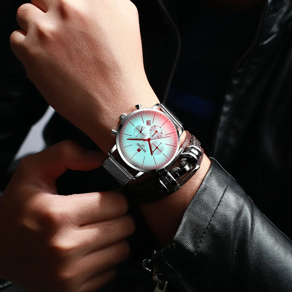Новые разноцветные стеклянные Модные мужские наручные часы награда Топ Роскошный бренд хронограф мужские серебряные наручные часы из нержавеющей стали