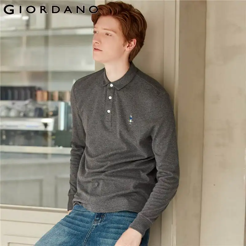 Giordano Men Polo Shirt Long Sleeve Embroidery Casual Tops For Men Cotton Polos Para Hombre Ribbed Cuffs 01019782