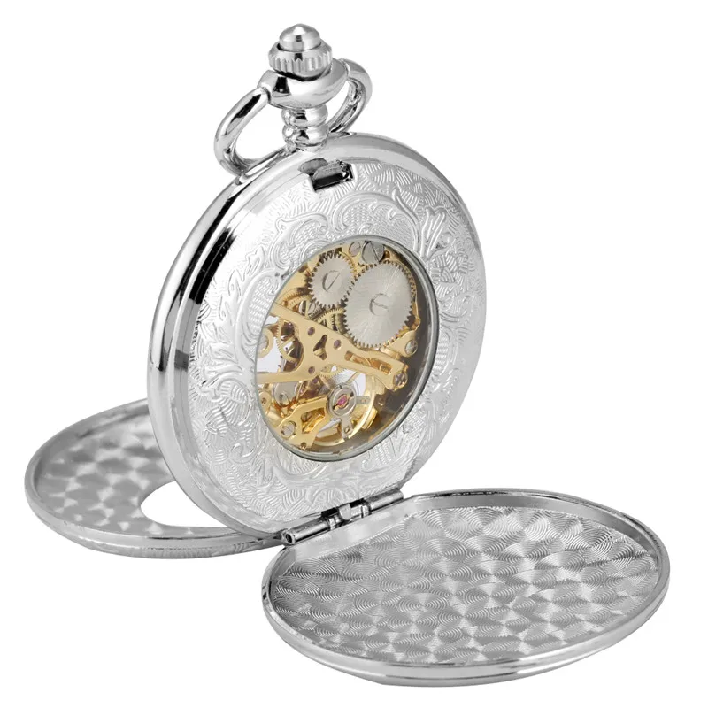Luxury Silver Alloy Pocket Watches Hollow Double Hunter Vintage Roman Numberal Mechanical Hand Wind Pendant Chian Unisex Gifts