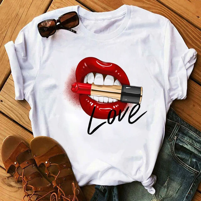 Women Tops O-neck Sexy Black Tees Kiss Lip Funny Summer Female Soft T Shirt Lips Watercolor Graphic T Shirt Top9180 3942-white