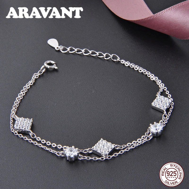 

New Fashion Charm Bracelets For Women Luxury Women 925 Sterling Silver Clear Crystal Square Bracelets&Bangles Fine Jewelry