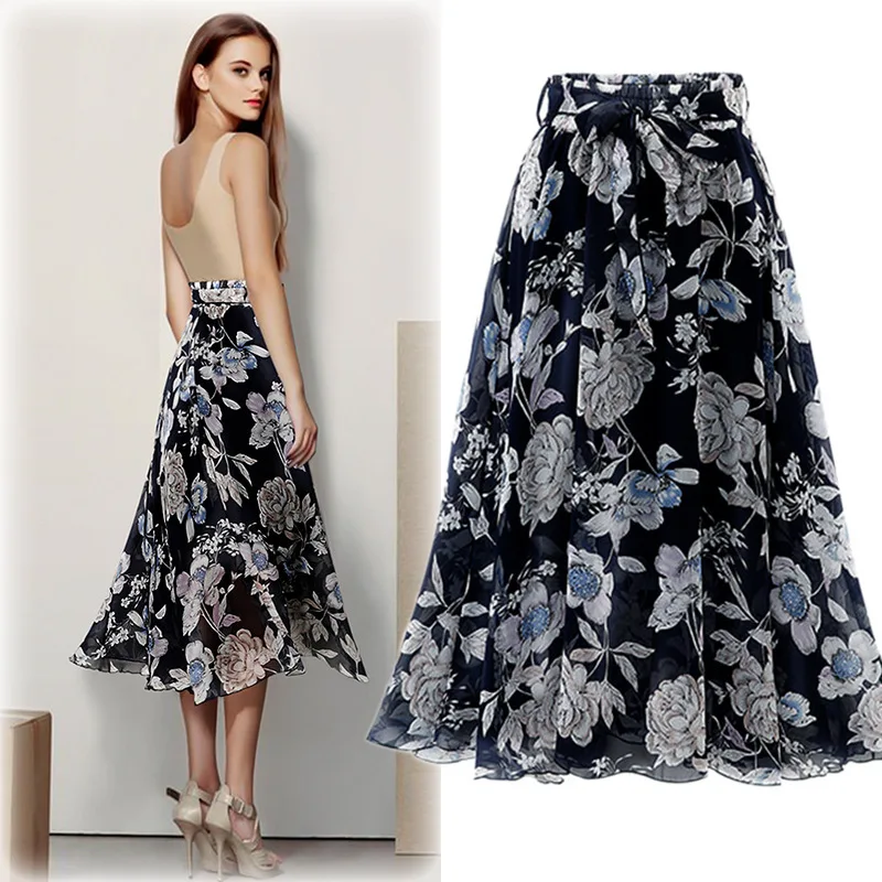 

European And American-Style Plus-sized Floral-Print Chiffon Skirt New Mid-length Printed Big Skirt D122