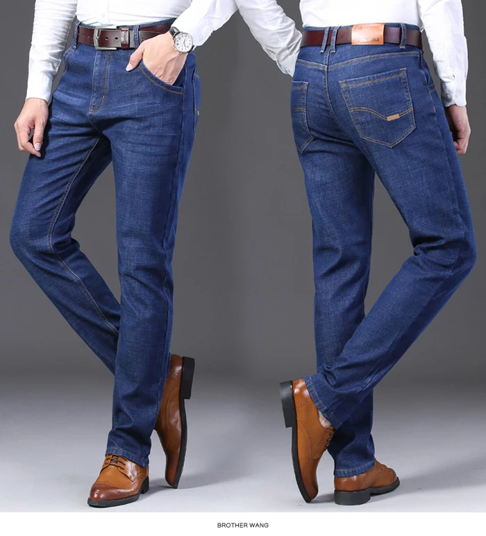 Классические мужские зимние теплые джинсы новые Стрейчевые прямые флисовые плотные джинсовые брюки большой размер 40 42 44 брендовые деловые брюки