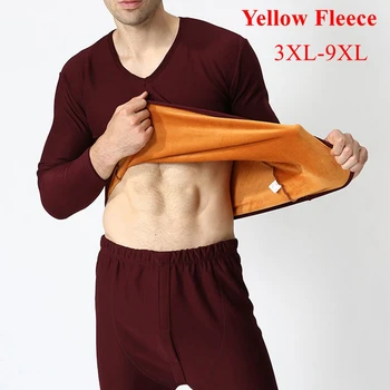 

FAISIENS V Neck Warm Underwear Men Plus Big Size 9XL 8XL 7XL 6XL Yellow Fleece Underwear Tops+ Solid Underwear Bottoms Mens Sets