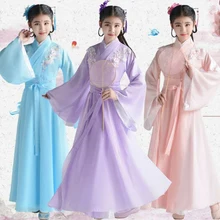 Детский костюм принцессы; HanFu; волшебный древний костюм для девочек; шифоновая одежда в китайском стиле для маленьких девочек
