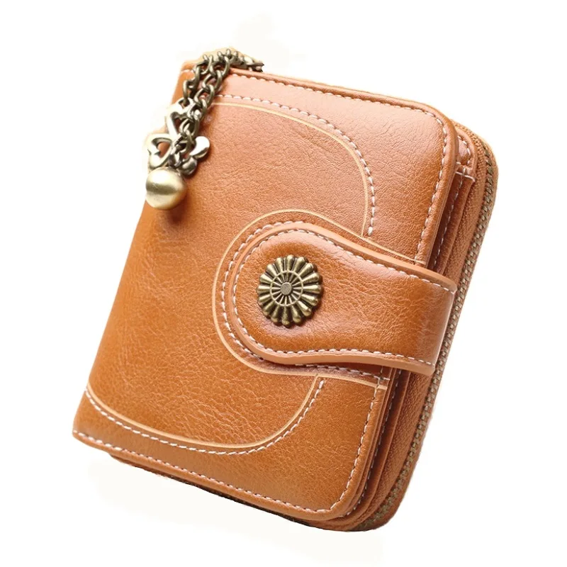 

Oil wax leather coin purse short tri-fold coin holder women's oil leather clutch card holder money bag