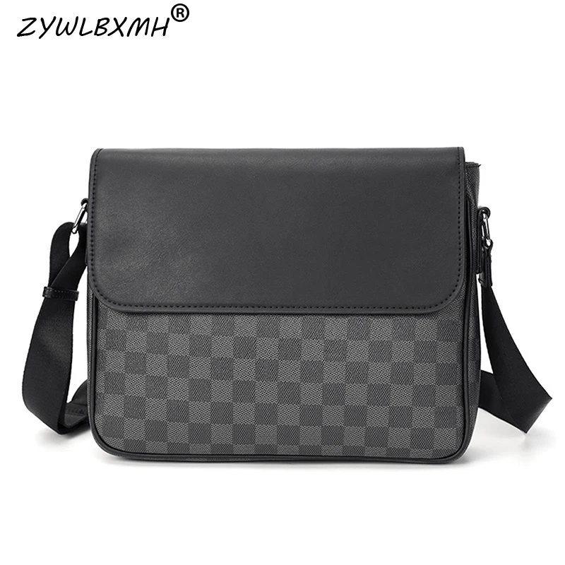 

ZYWLBXMH Flap Pocket Plaid Shoulder Bag Zipper Hasp Messenger Bag Waterproof PU Leather Bag Solid Color Square Bag Men's Bag