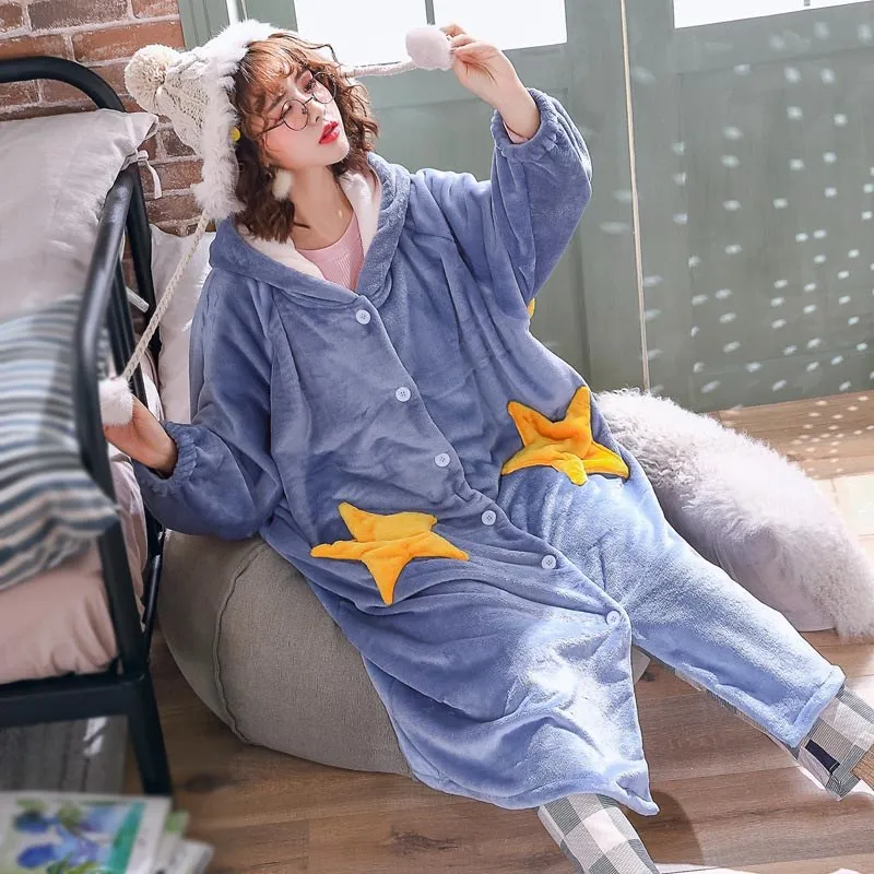 

2019 Women Winter Autumn Warm Thick Fleece Bathrobe Flannel Coral Star Bath Robe Sleepwear Hooded Night Wear Dress Gown
