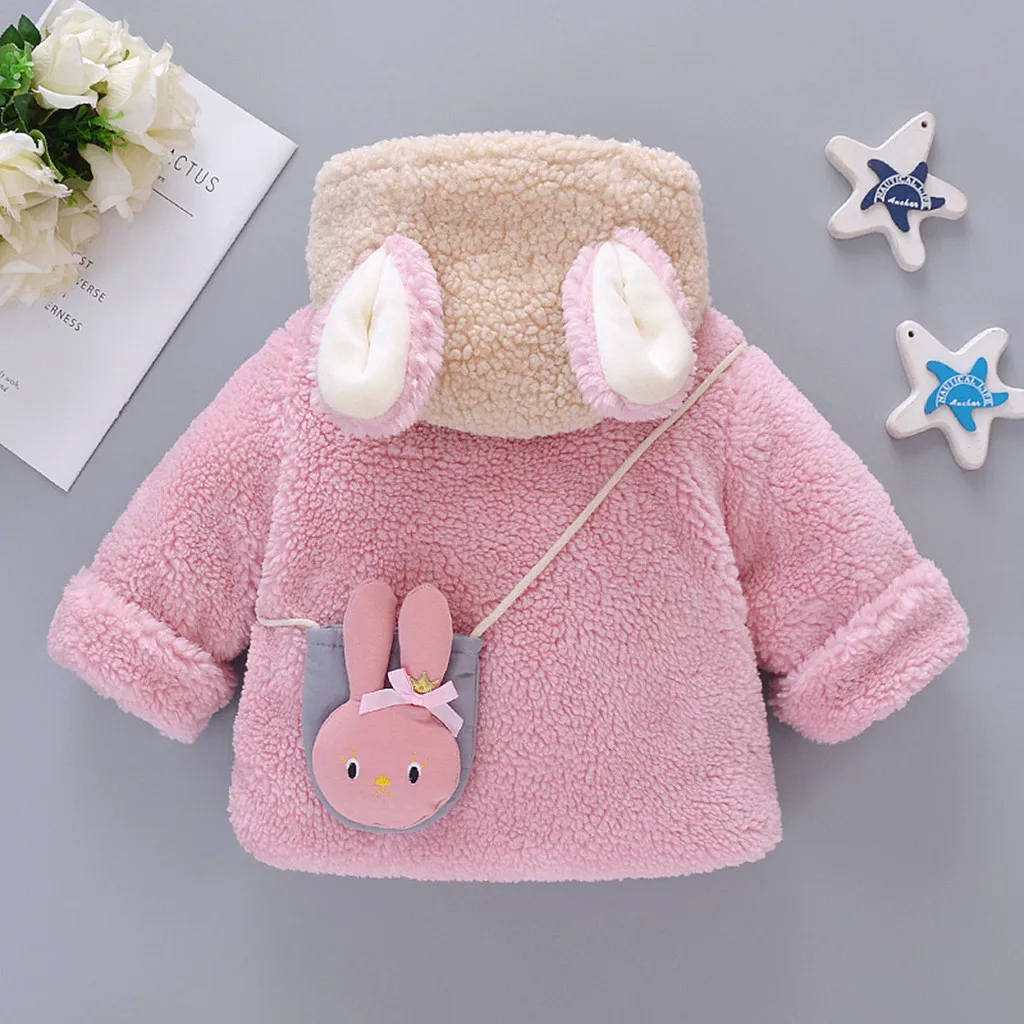 Toddler Kids Jackets Baby Boy Girl Clothes Winter Rabbit Ear Coats Jacket Thick Snowsuit Hoodie Fleece+bag Children Girl Clothes
