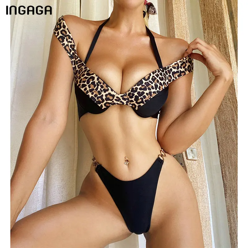 

INGAGA Push Up Bikini Set 2020 Sexy High Leg Swimsuit Leopard Patchwork Biquini Halter Swimwear Women New Bathing Suit Women's