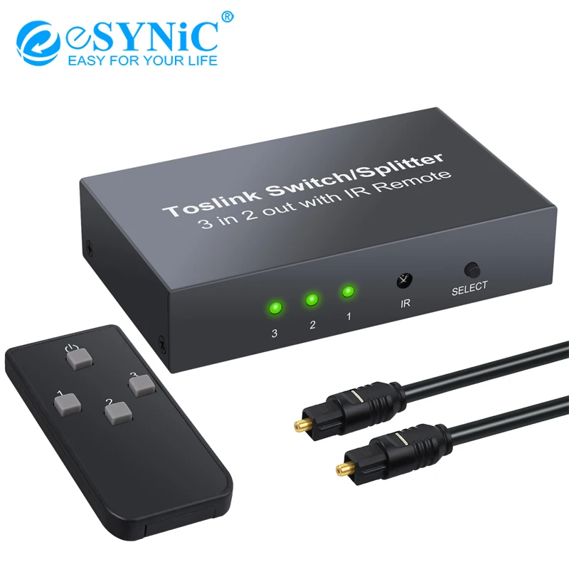 ESYNiC 3 в 2 выхода оптический коммутатор сплиттер 3 порта Spdif Toslink оптический переключатель с ИК-пультом дистанционного управления для LPCM 2,0 DTS