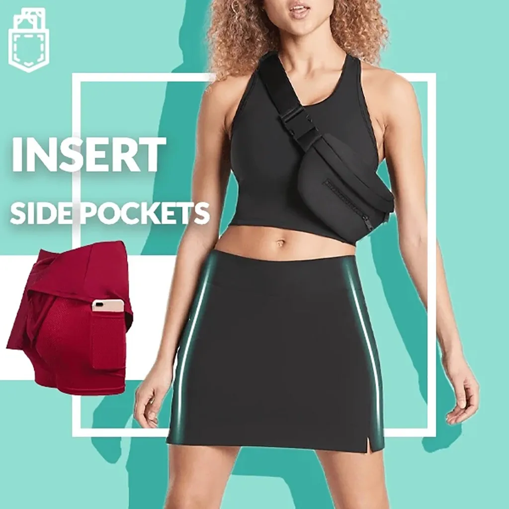 Women Athletic Skirts Elastic Waist Casual Lightweight Fake Two Piece Hakama Skort With Pockets