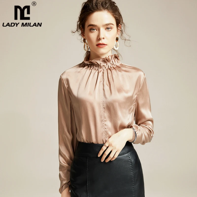 100% натуральный шелк Женская подиумная рубашка гофрированная стоячий воротник с