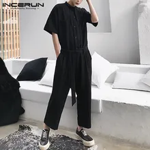 INCERUN, модный мужской комбинезон-карго, комбинезон для бега, свободный, однотонный, корейский стиль, уличная одежда, брюки, мужские, короткий рукав, повседневный комбинезон с поясом