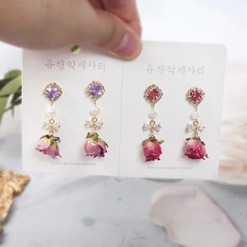

MWSONYA Korean Flower Dangle Earrings for Women Girls Pearl Crystal Flowers Fashion Drop Rose Temperament Party Jewelry
