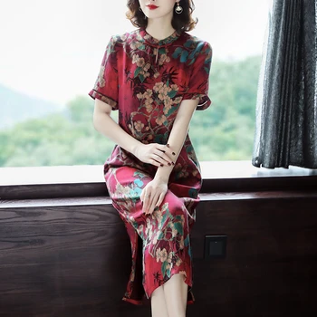 

2020 women chinese dress cheongsam evening gown long loose split qipao for female elegant vintage robe printing vestidos