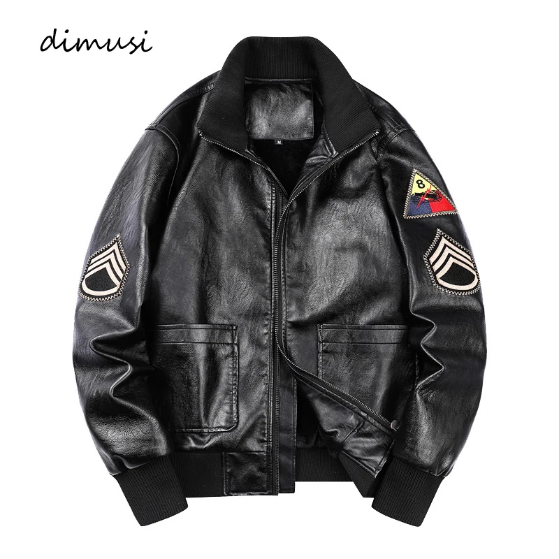 

DIMUSI Men's Bomber Jacket Casual Male Outwear Leather Coats Fashion Fleece Warm Retro Military leather Jackets Mens Clothing