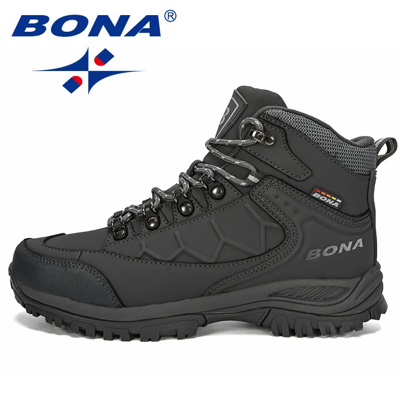 BONA New Leather Hiking Shoes Men Autumn Winter Climbing Boots High Top Trekking Hunting Shoe Trainers Black Waterproof Sports