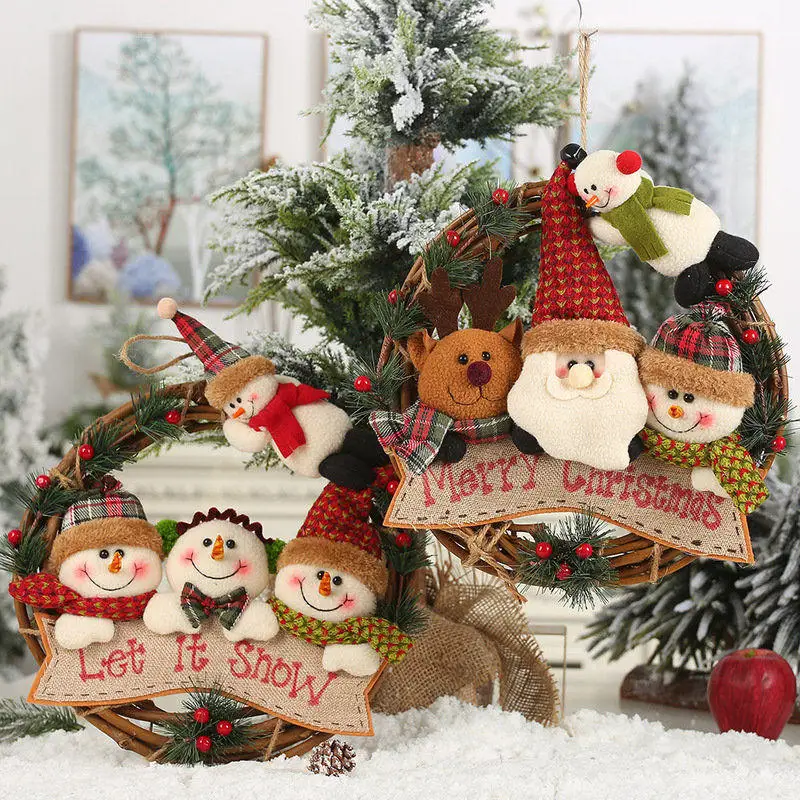 

2020 Christmas Decorations Cute Cartoon Santa Claus Moose Snowman With Rattan Circle Hanging Pendant Stereo Doll For Xmas Deco