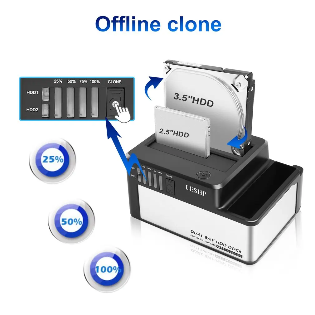  Dual bahías HDD Dock USB 30 a SATA HDD estación de acoplamiento SSD con clon para 25 