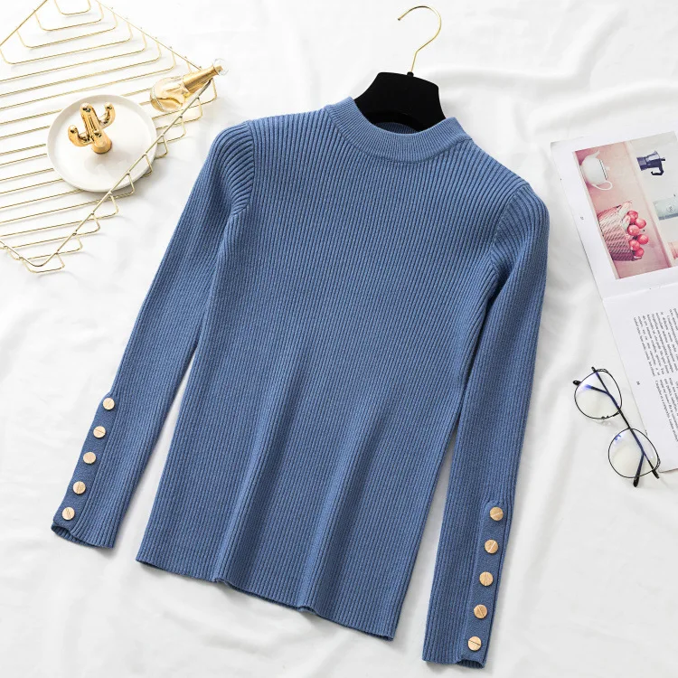 Осень/зима длинный рукав тонкий вязаный свитер женская зимняя одежда для женщин Повседневный пуловер для девочек Базовый Топ - Цвет: blue