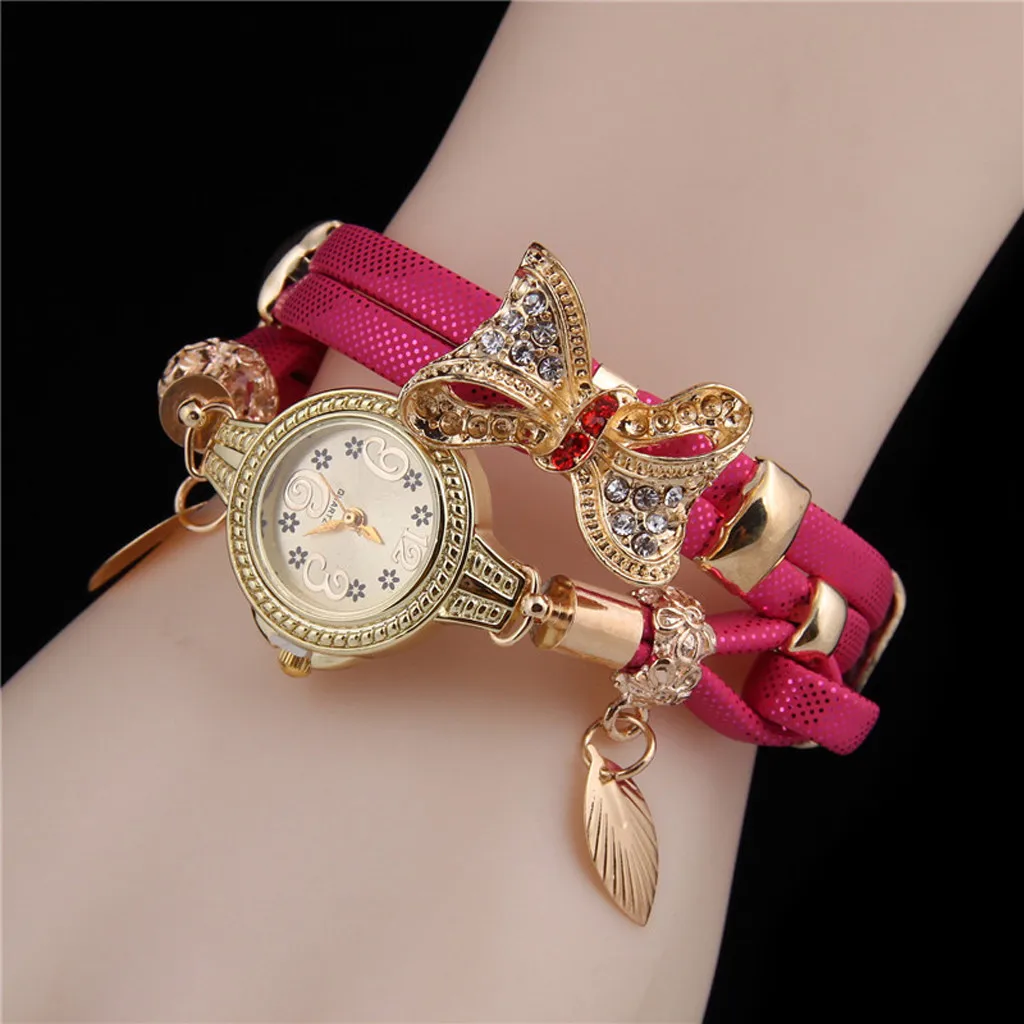 Женские часы Бабочка Ретро наручные часы на браслете со стразами женские милые свадебные кварцевые часы многоцветные эксклюзивные наручные часы#917 - Цвет: Hot Pink