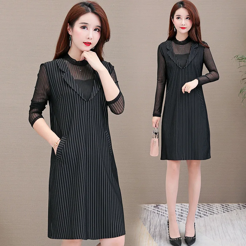 

2019 Autumn New Style Large Size Black Lace Joint Mock Two-Piece Long Skirts Mid-length Women's Elegant Chiffon Dress