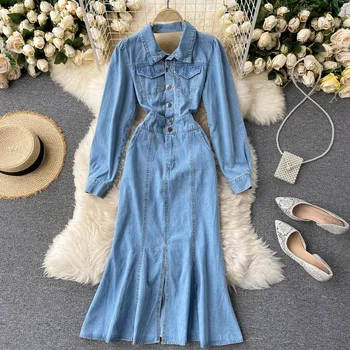 

High Street Women's Dress Autumn Design Backless Long-Sleeved Slim Fishtail Ruffle Retro Denim Dress vestidos women clothing