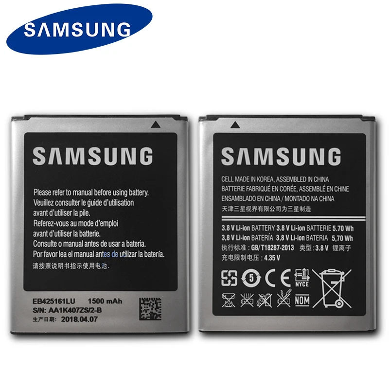 Оригинальная батарея Samsung EB425161LU для Galaxy S Duos S7562 S7566 S7568 i8160 S7582 S7560 S7580 i8190 i739 i669 J1 мини 1500 мАч