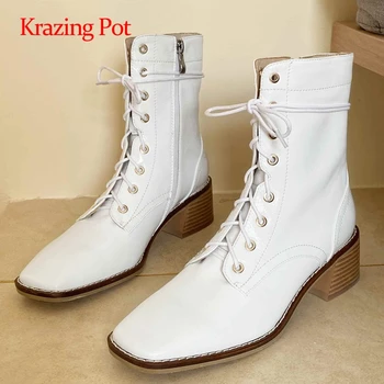 

Krazing pot fashion boots real leather streetwear superstar square toe thick med heel zipper cross-tied mature ankle boots L50