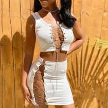 

2021 Sexy Chain Lace Up Hollow Out Mini Skirt and Crop Top Two Piece Set Casual Club Birthday Outfits Summer Dresses for Women