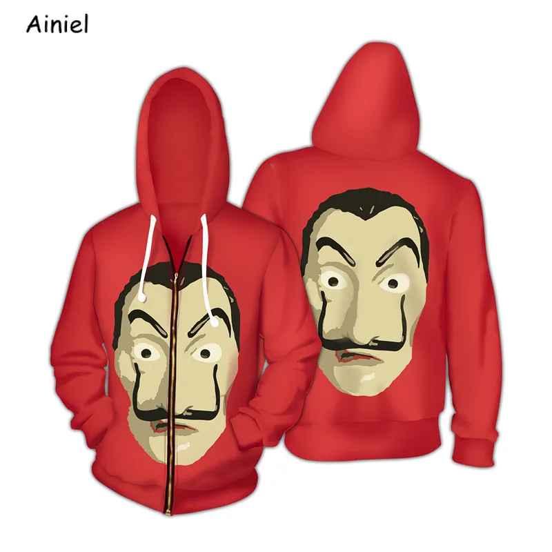 

Salvador Dali Movie The House of Paper Hoodie Sweatshirt La Casa De Papel Red Hooded Hoodies Halloween Cosplay Party Women Men