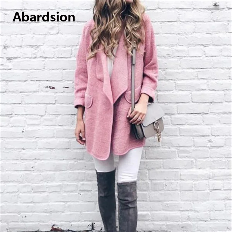 

Abardsion Long Winter Coat Women 2019 Autumn Casual Long Sleeve Pink Gray Woolen Coats Korean Ladies Outerwear Clothes