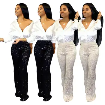 

Women Sexy Silver Glitter High Waist Wide Leg Pants Women Winter Trousers Sexy Casual Flare Pant F367