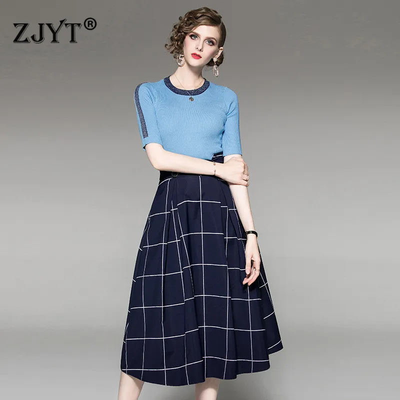 

Elegant Lady Suit 2Piece Set Women Autumn Winter Fashion Half Sleeve Pullover Knit Top and Midi Plaid Skirt Set Casual Outfits