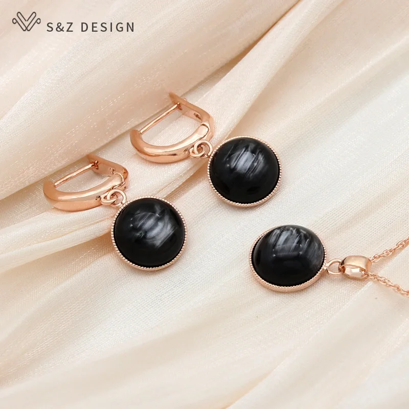 S&Z DESIGN New Fashion Round Dangle Earrings Jewelry Sets For Women Party 585 Rose Gold Color Pendant Necklace