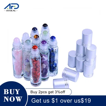 

10pcs Natural Semi Gemstone Essential Oil Roller Ball Bottles Transparent Perfume Glass Bottles Healing Crystal Chips 10ml