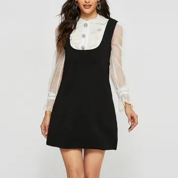 

High Quality Women Sweet Dress Organza Lace Patchwork Peter Pan Collar Perspective Ruffles Diamonds Buttons Shirts Court Blouses