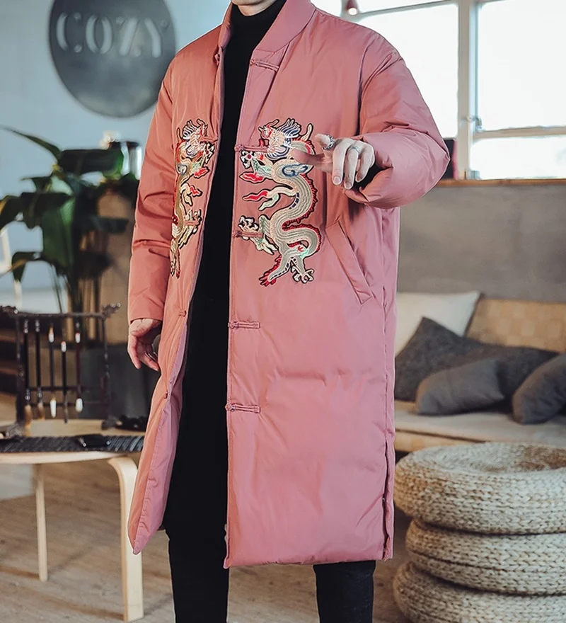 Зимнее китайское стильное дизайнерское теплое стеганое ретро пальто с пряжкой, куртки для мужчин, длинное повседневное Свободное пальто для мужчин KK3264
