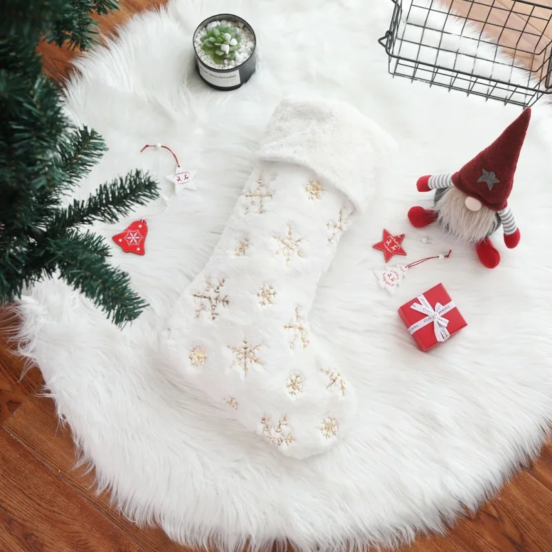 

White Snowflakes Embroidered Plush Christmas Stockings Gifts Bag Hanging Loops Xmas Tree Fireplace Candy Socks