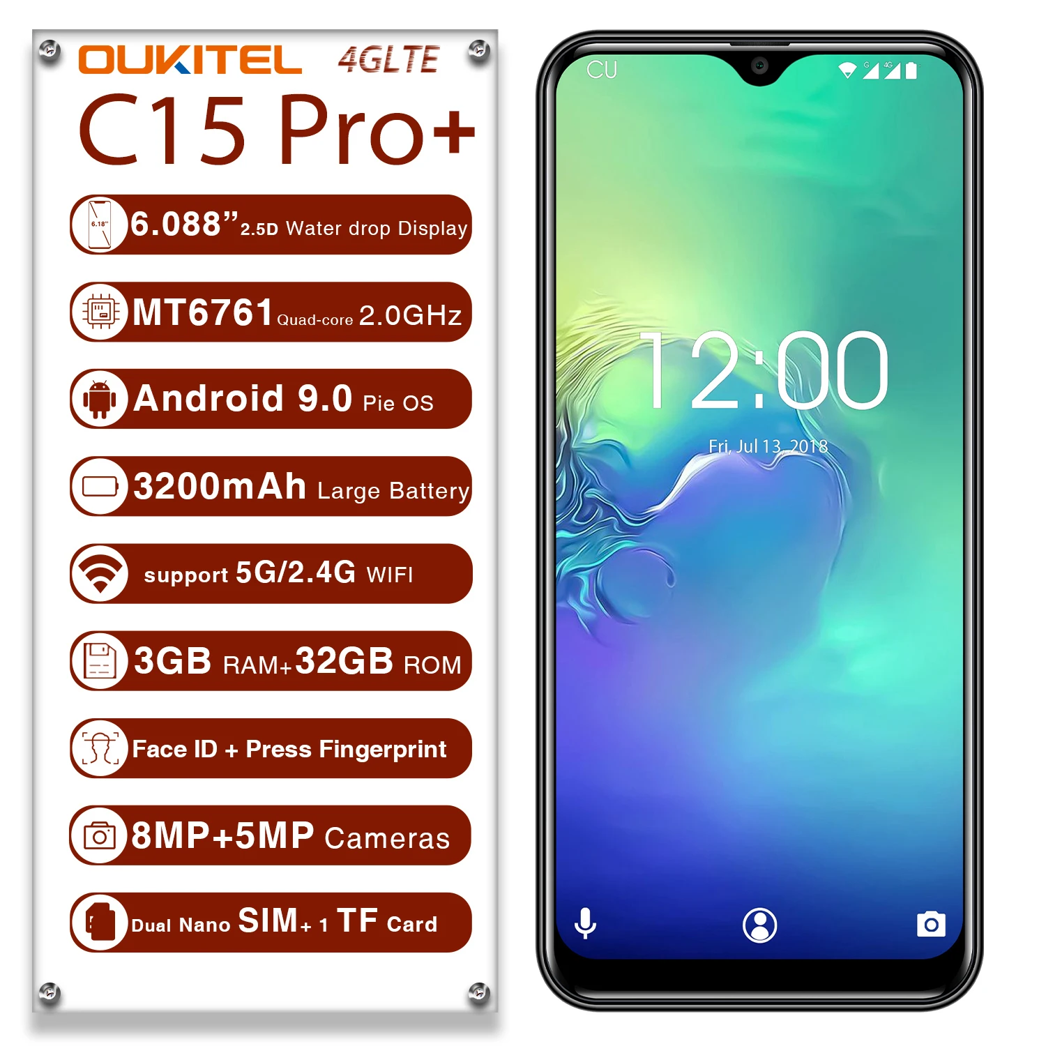  OUKITEL C15 Pro+ 6.088'' Water Drop Screen 4G Smartphone Android 9.0 3GB+32GB Fingerprint cell phon
