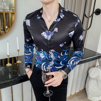 

Men Shirt Long Sleeve Fashion Chinese Style Koi Print Casual Slim Fit Dress Shirts Streetwear Night Club Social Tuxedo Shirts